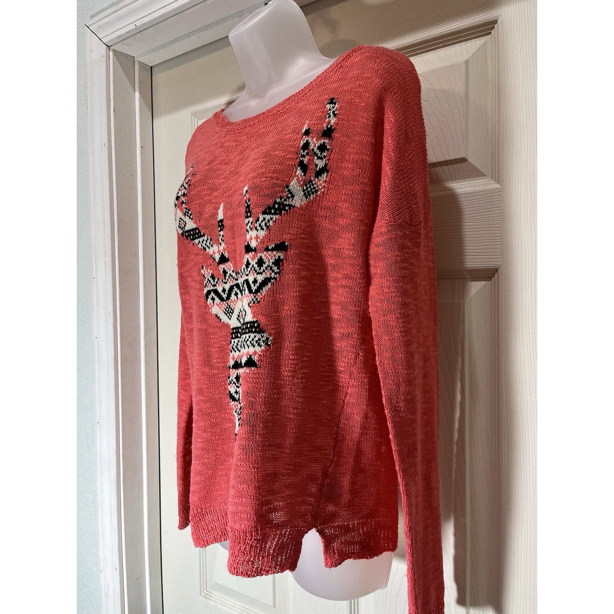 Pink Rose Pink Long Sleeve Knit Coral Pink Aztec Deer Sweater Women's Size Large