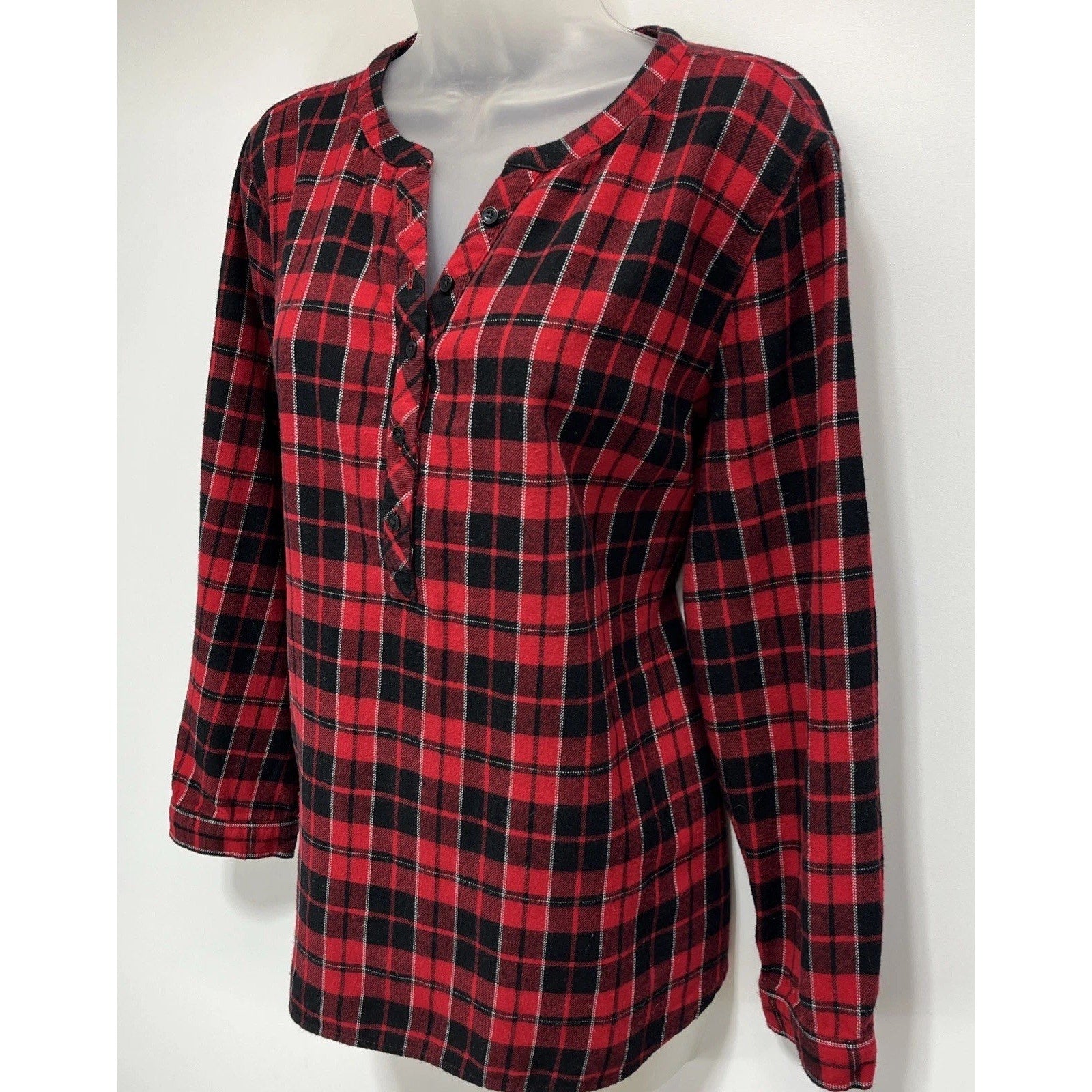Talbots Button Plaid Classic Cotton band collar, Red/Black Size XL Petite