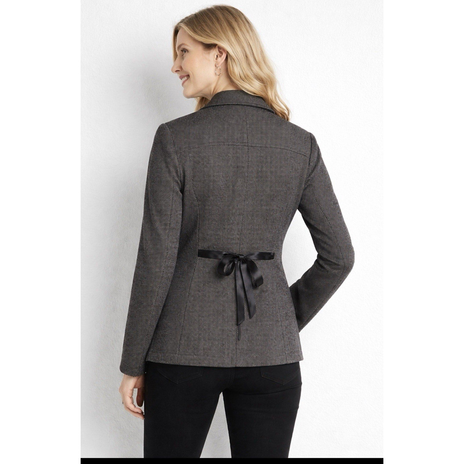 NWT White House Black Market Herringbone Knit Blazer Jacket Gray Bloodstone S