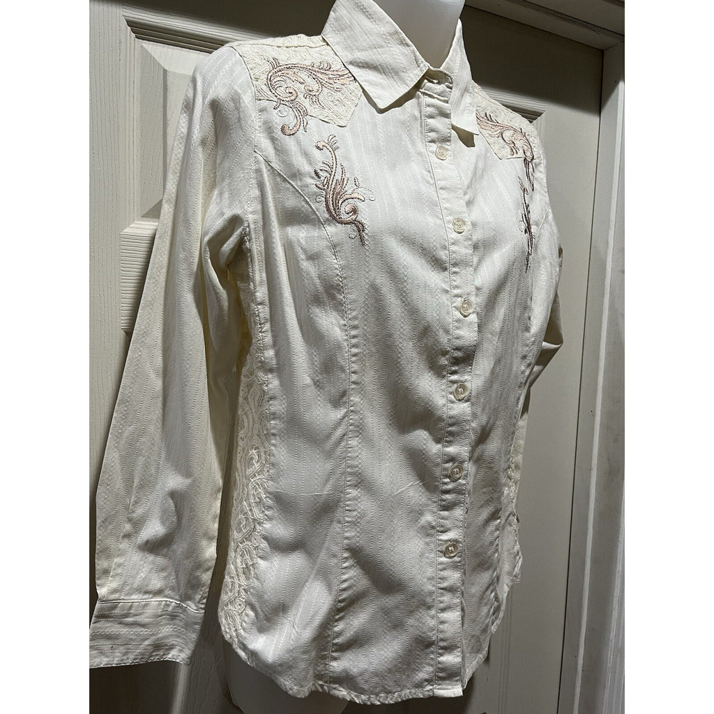 Reba Western Women’s S Beige Trucker Button Up Denim Embellished Collared