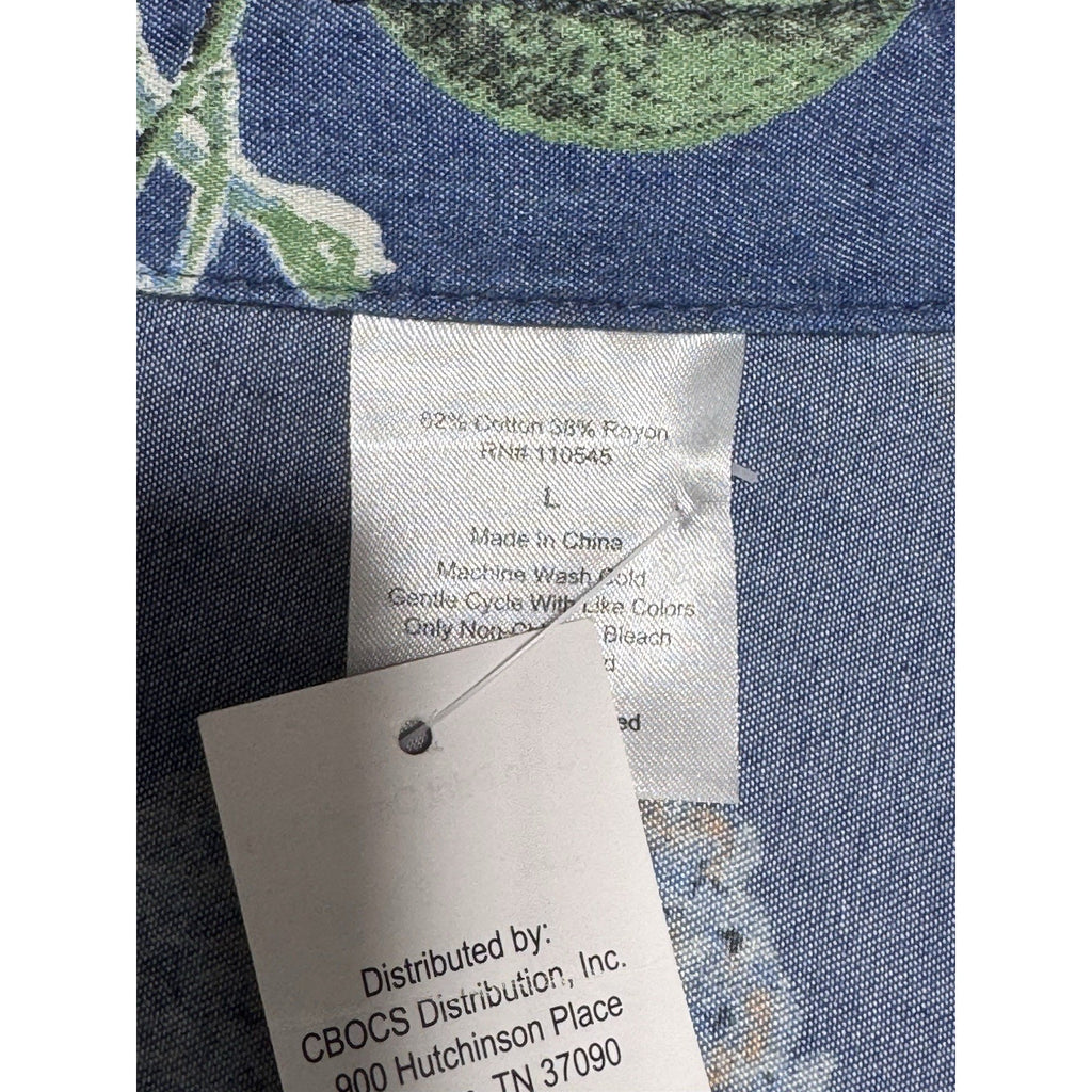 Women’s Chambray Floral Button Down Shirt Large Blue Cotton Rayon Lightweight