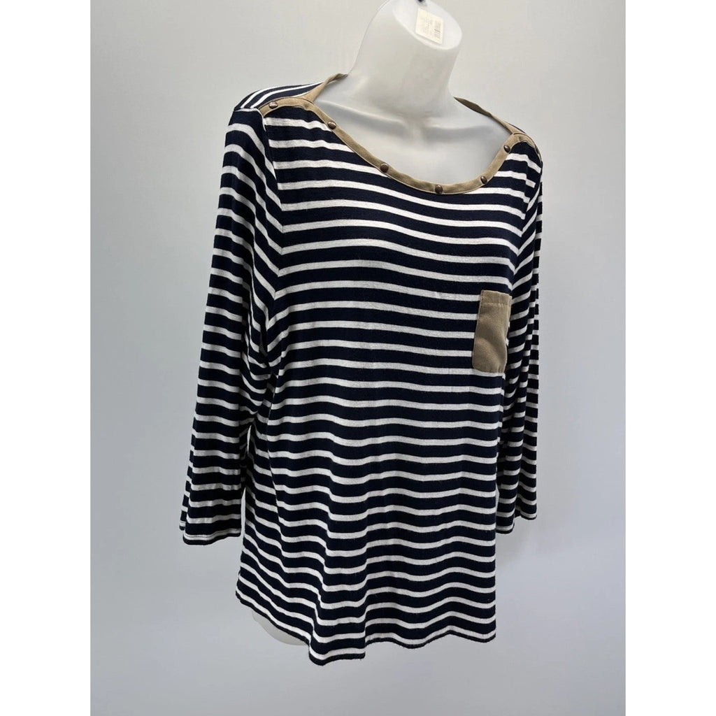 Chico's Indigo White Striped Jumper Top Faux Suede Trim Size 2