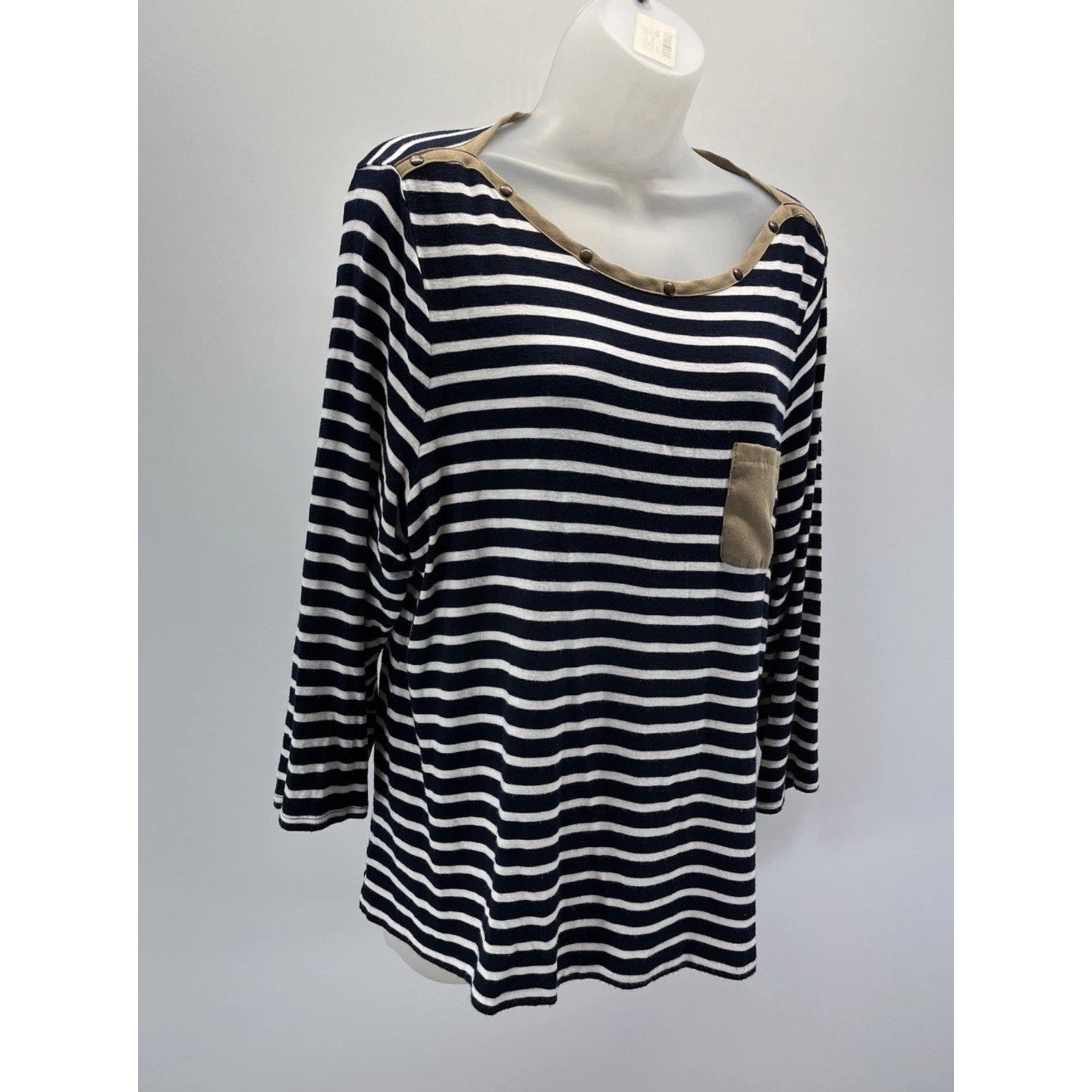 Chico's Indigo White Striped Jumper Top Faux Suede Trim Size 2