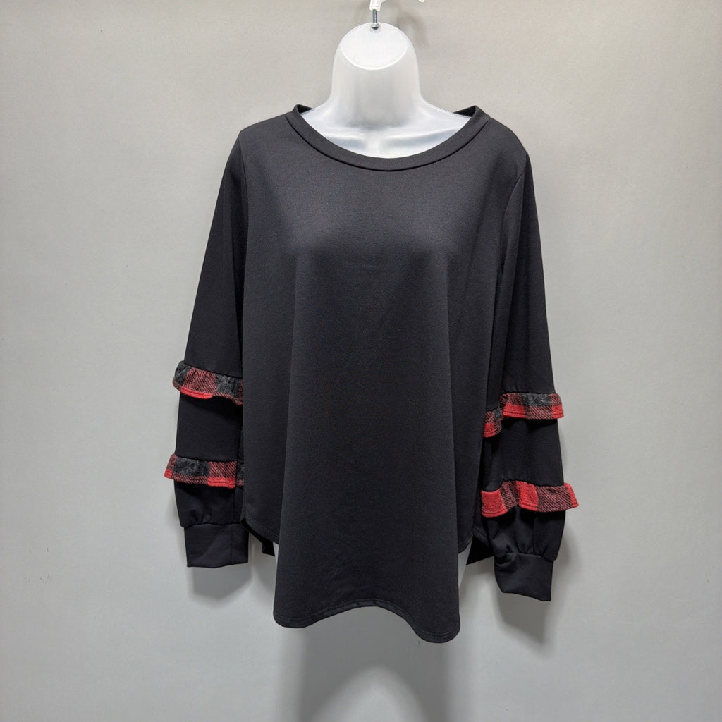 Sew In Love Women's Black Plaid Long-sleeved top Round Hem Size M NWT Made USA
