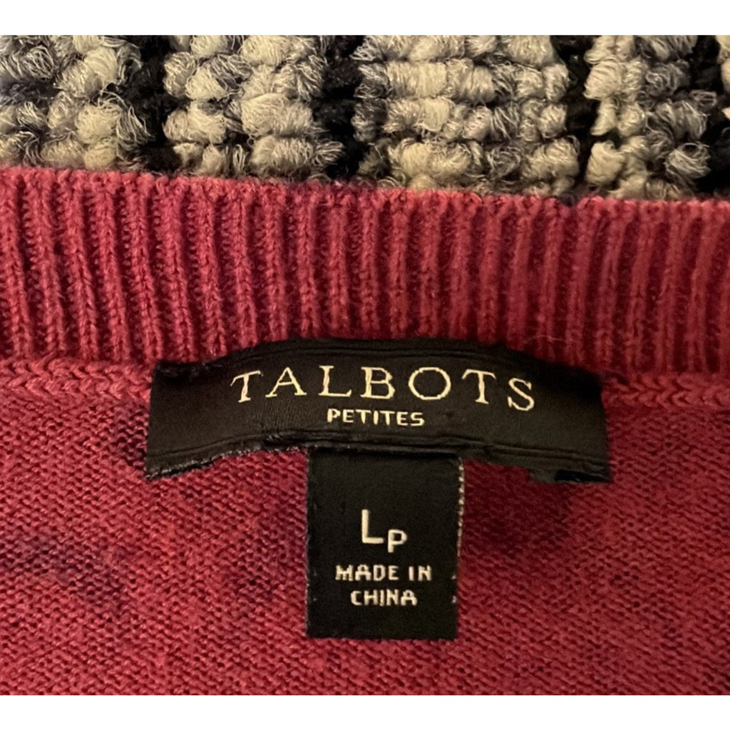 TALBOTS Cardigan Womens LP Burgundy Black Leopard Print Cotton Long Sleeve
