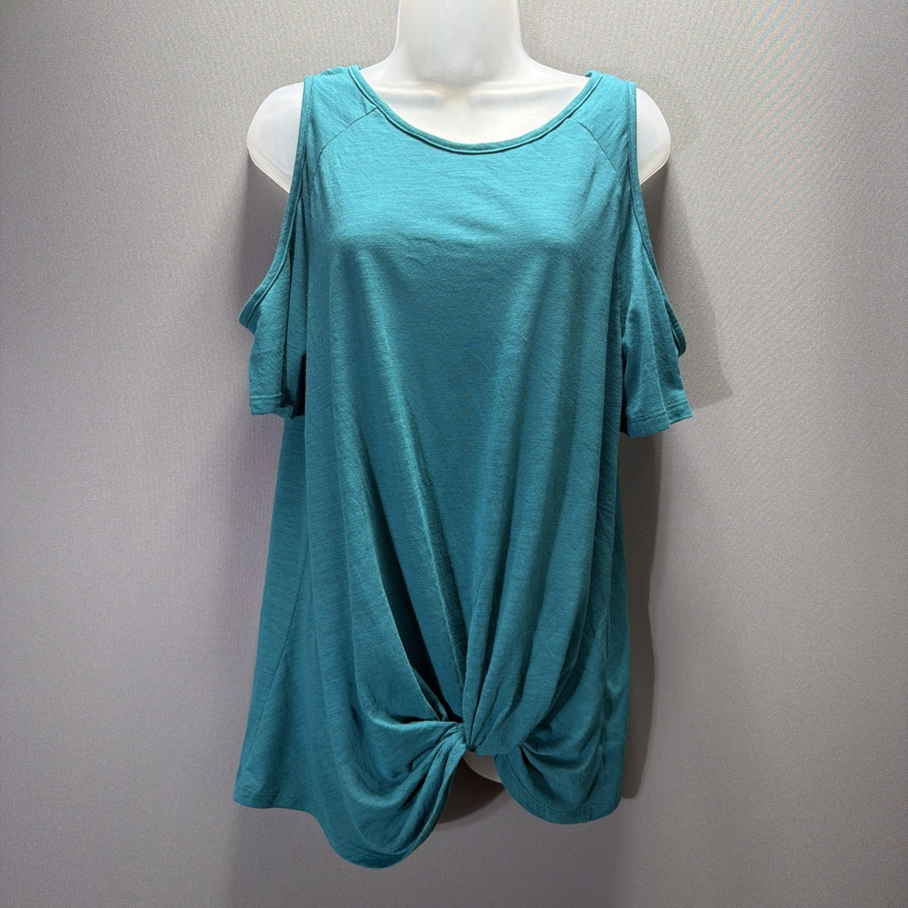 Umgee Teal Cold Shoulder Ruffle Sleeve Blouse M Tie Front Scoop Neck
