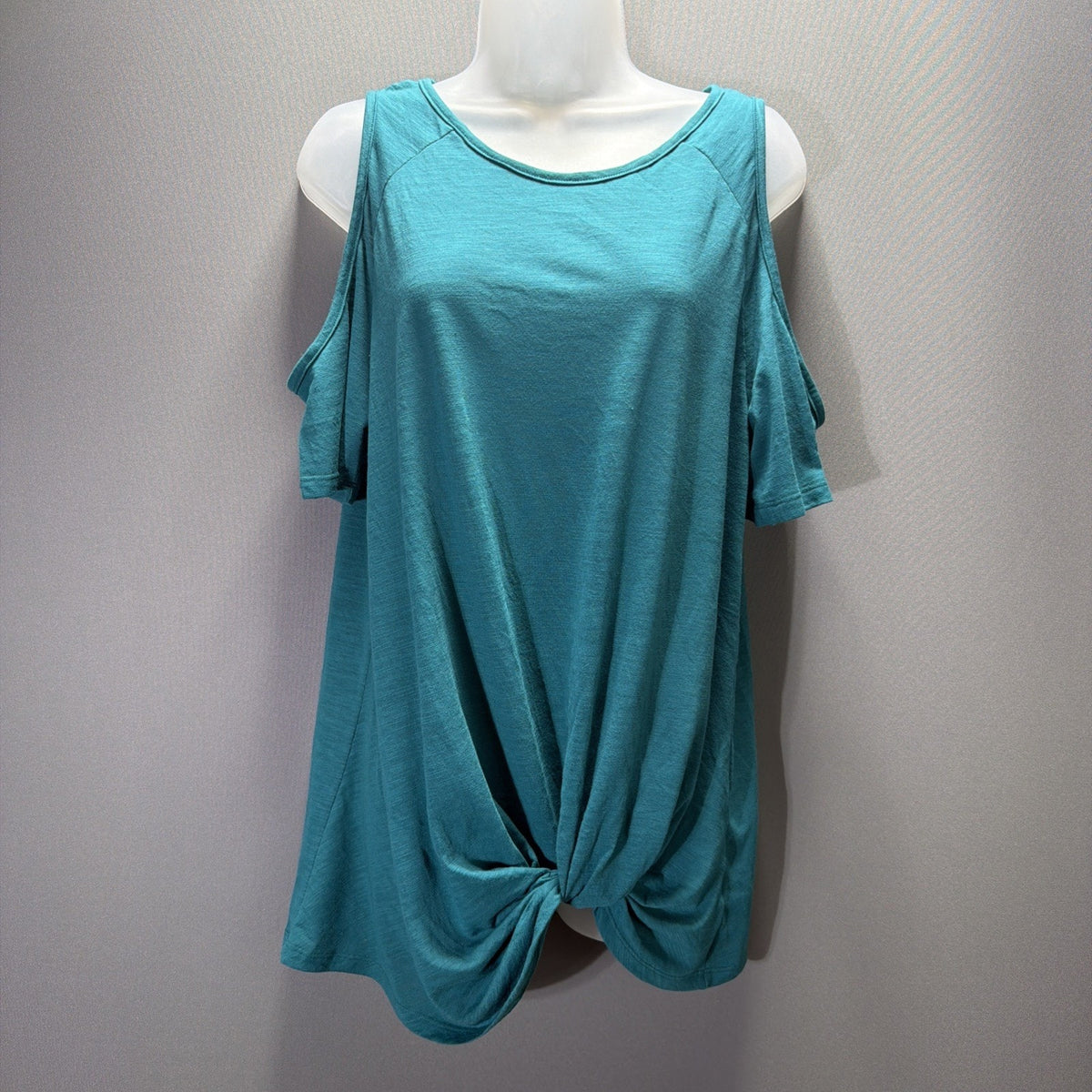 Umgee Teal Cold Shoulder Ruffle Sleeve Blouse M Tie Front Scoop Neck