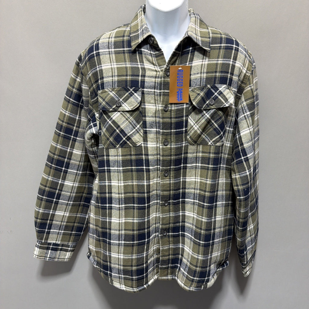 Mens Rugged Point Authentic Green Plaid Fleece Sherpa Button Up Shacket L NWT