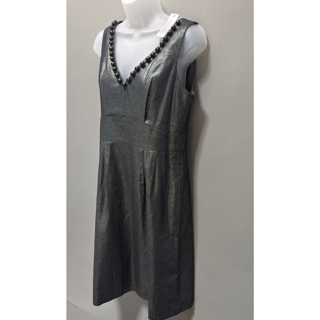 WDNY Dress 6 Black Linen Blend Beaded Metallic Sheath Knee Length Sleeveless NWT