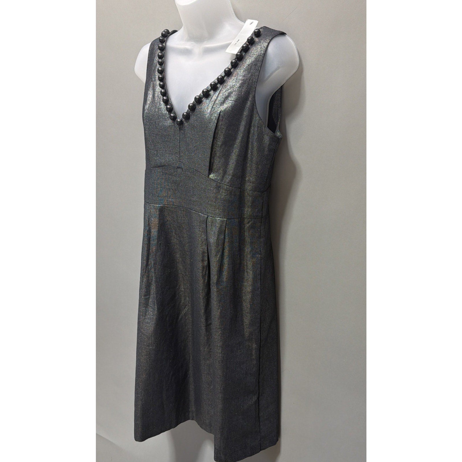 WDNY Dress 6 Black Linen Blend Beaded Metallic Sheath Knee Length Sleeveless NWT