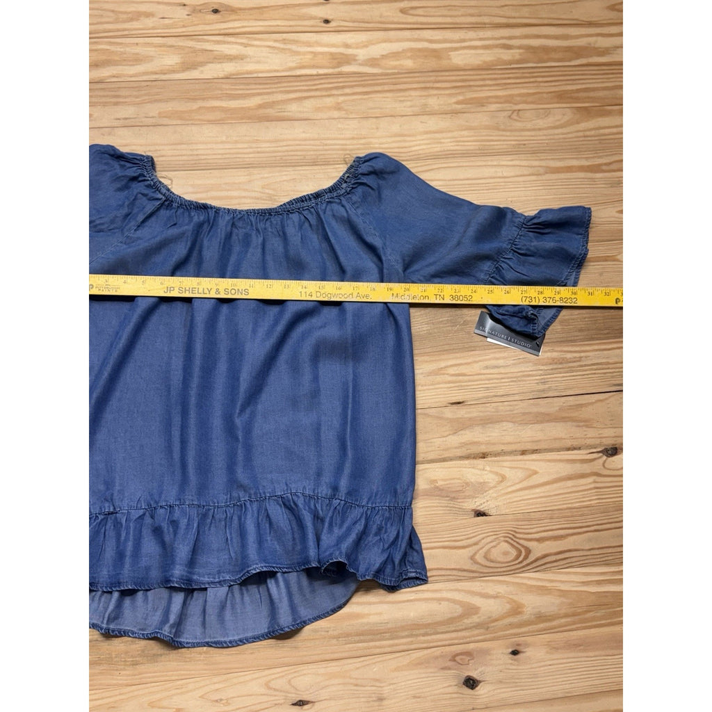 Signature Studio Peasant Top Blue Chambray 3/4 Sleeve Ruffle Women’s Size L NWT