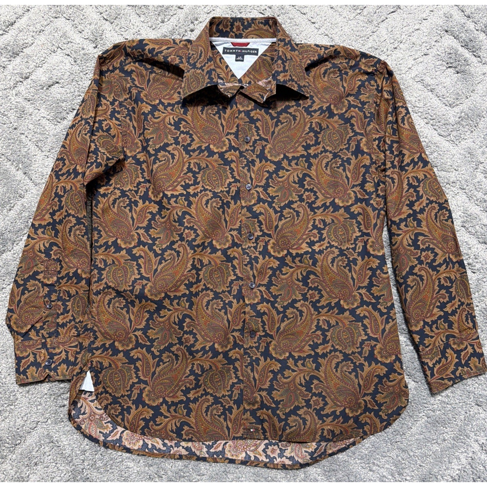 Tommy Hilfiger Men's Long Sleeve Paisley Cotton Shirt Brown Multi Color Size L