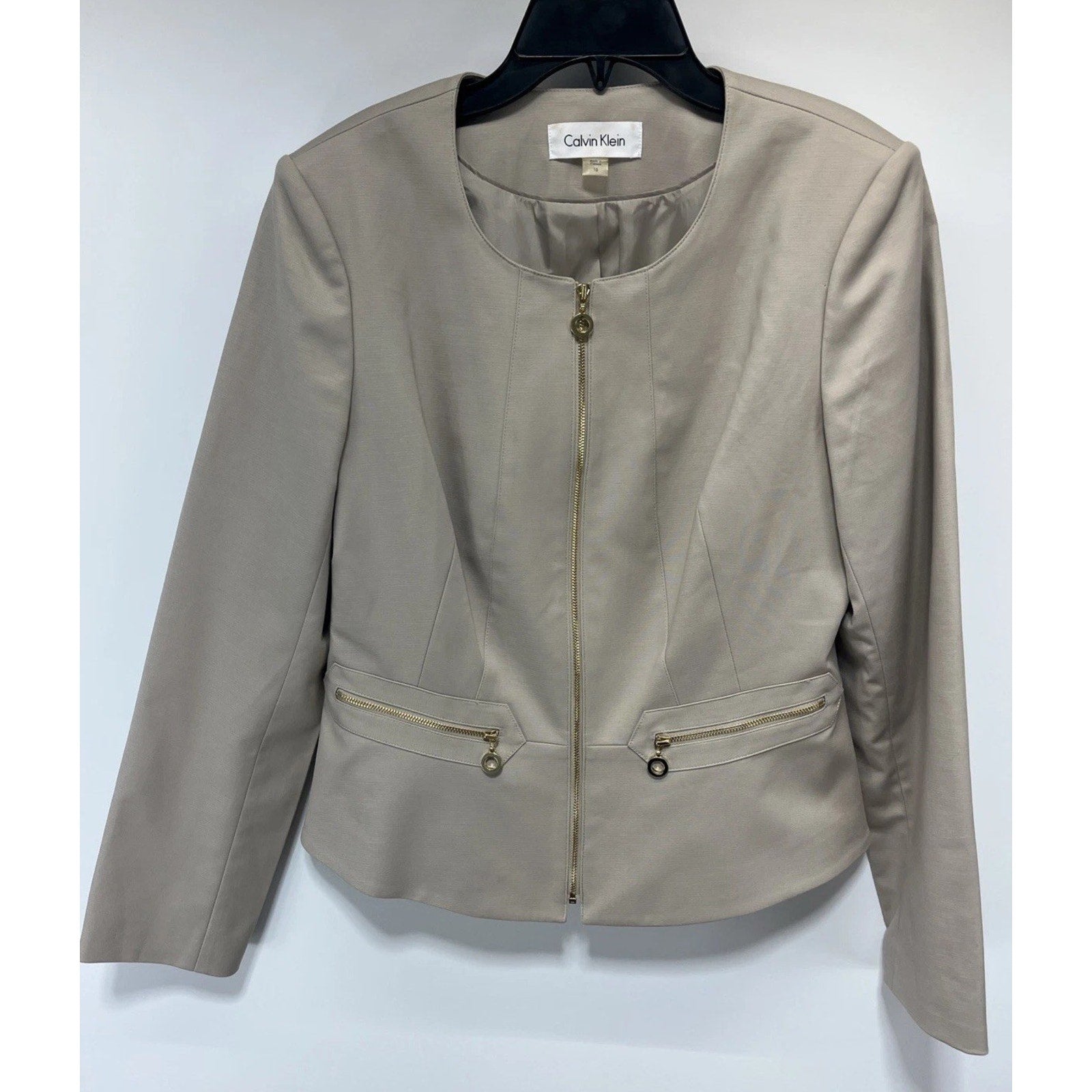 Calvin Klein Women's Blazer Size 10 Beige Gold Zipper Career Office Peplum
