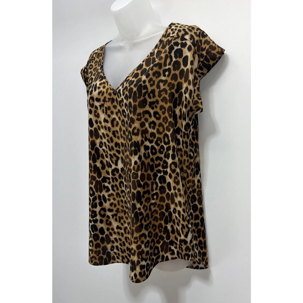 Express Shirt Women M Brown Cheetah Print Short Sleeve V Neck Blouse Stretch