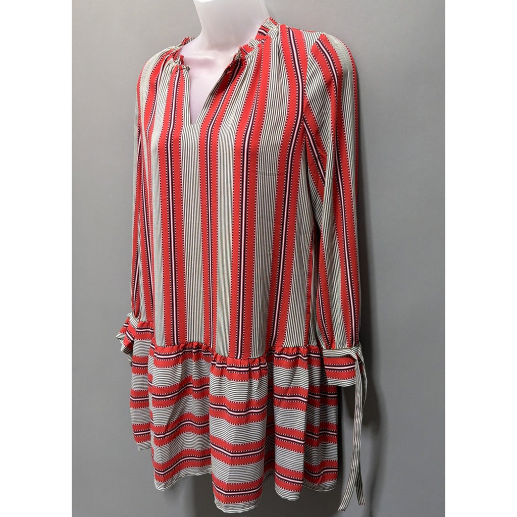 Ann Taylor Loft Red Striped Flounce Hem Shift Shirt Dress Sz XS Petite Tie Cuff