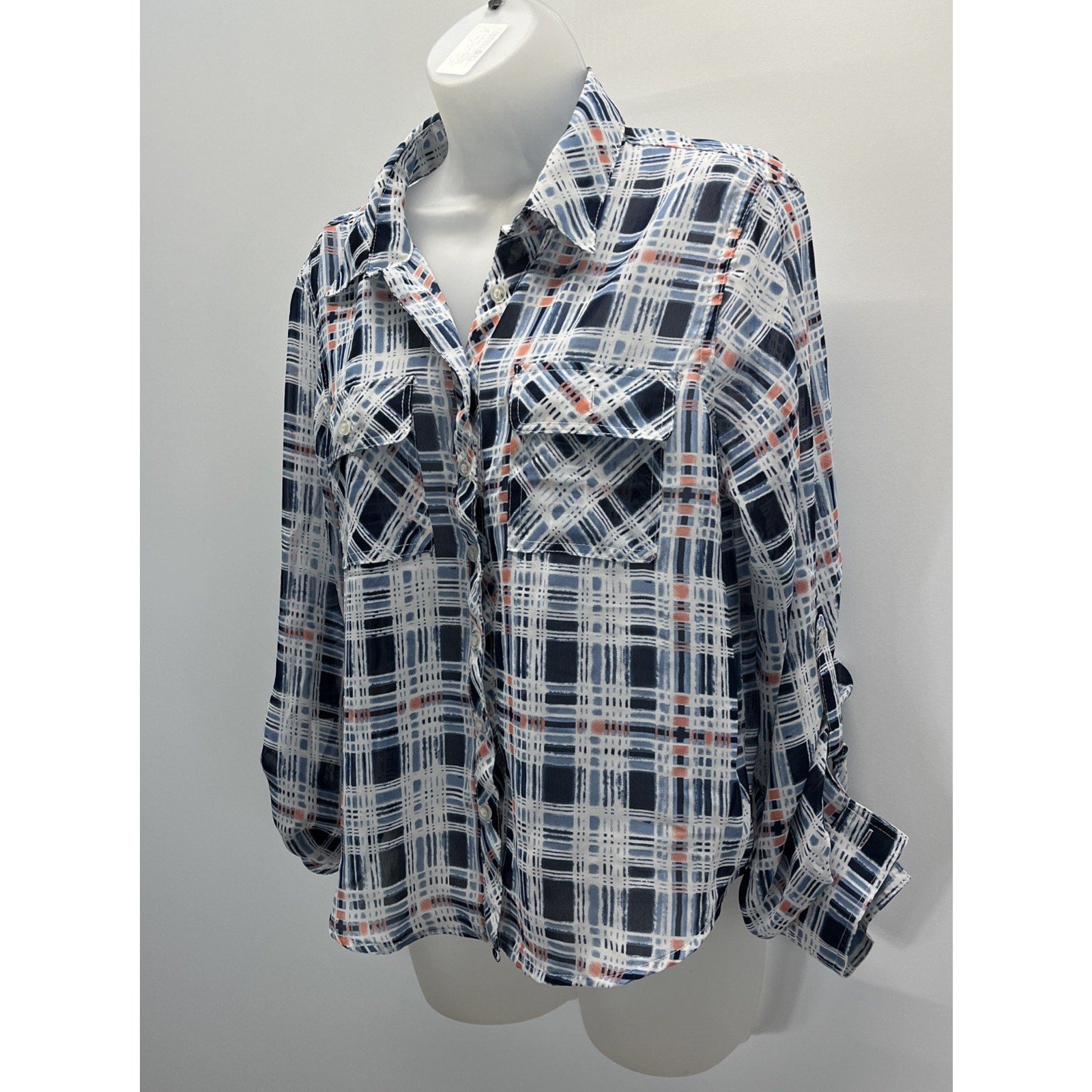 COTTON EXPRESS BLUE AND WHITE PLAID SHIRT ROLL TAB SLEEVES Button Back WOMENS L