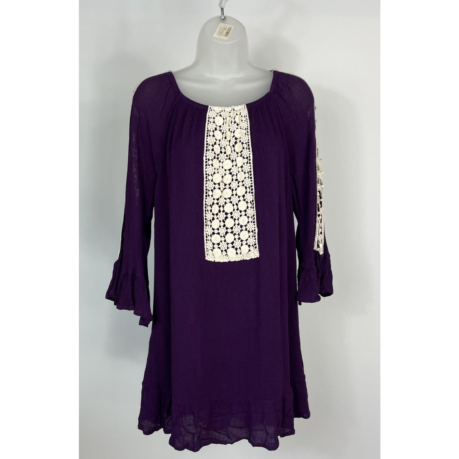 Indigo Soul Women’s Tunic Dress XL Purple Crochet Trim Ruffled Lined