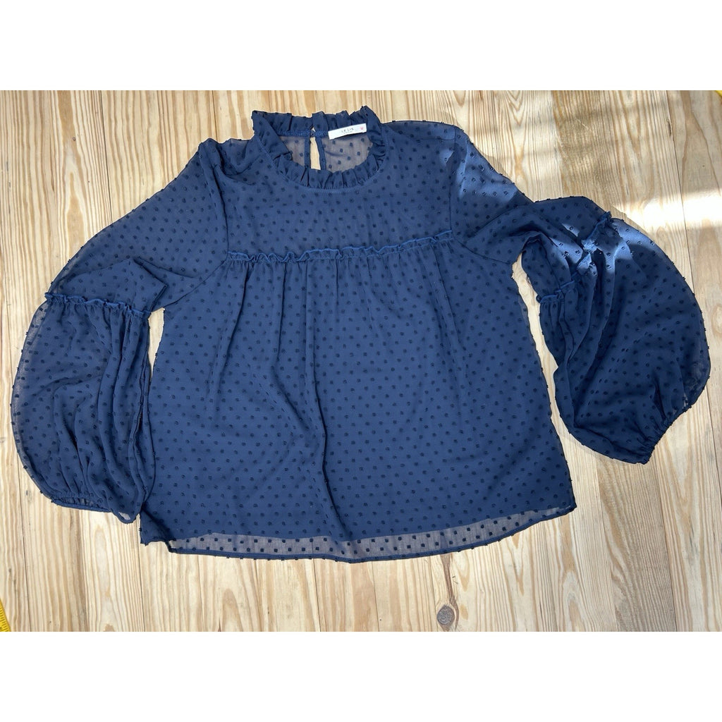 Le Lis Polka Dots Ruffled Neck Long Sleeve Blouse Size Large Blue . Made In USA