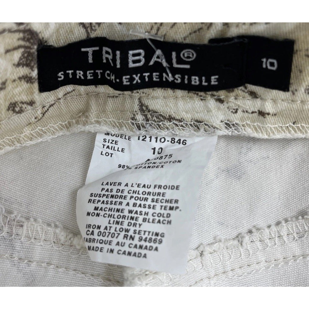 Tribal Stretch Extensible Capri Pants Women 10 Beige Floral Writing Print