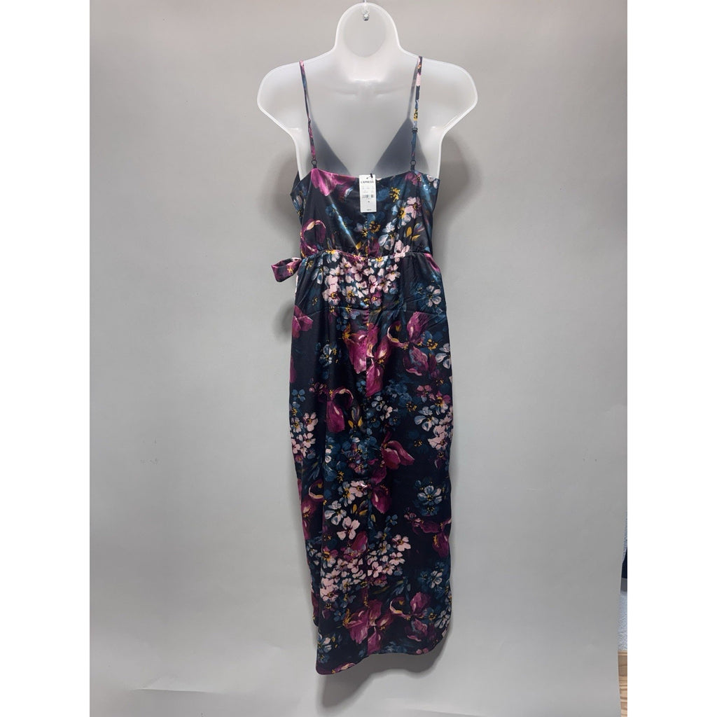 NWT Express Floral Wrap Midi Dress Small Satin Tie Waist Spaghetti Strap Tulip