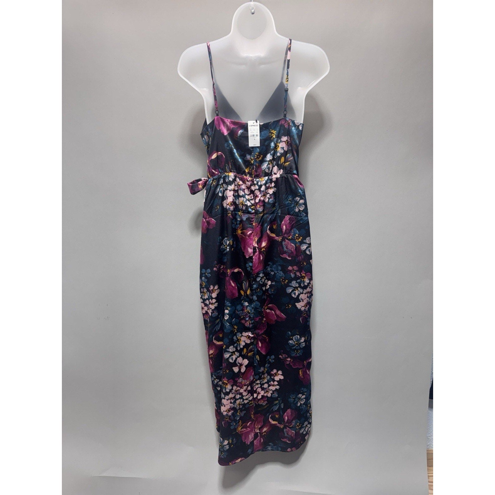 NWT Express Floral Wrap Midi Dress Small Satin Tie Waist Spaghetti Strap Tulip