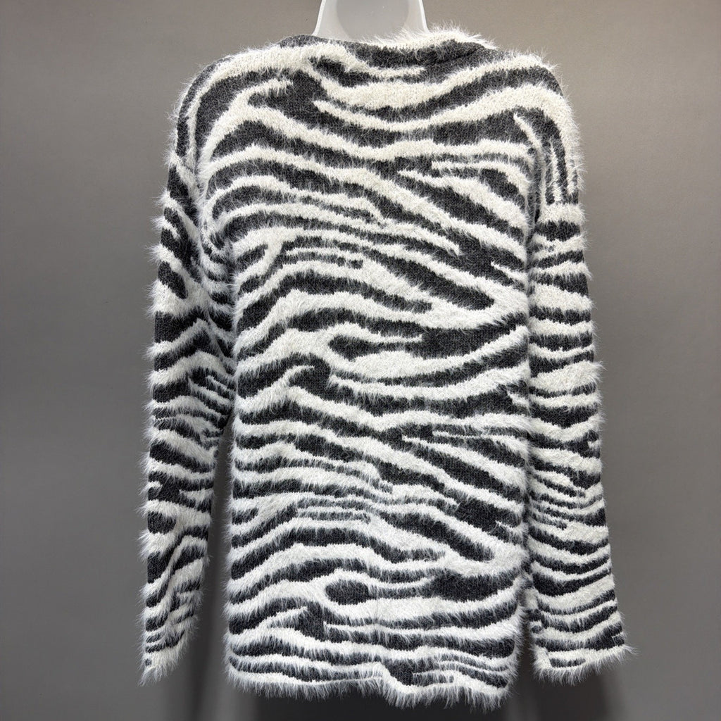 KAYLA ARMOIRE Women's Soft, Open Front Midi Cardigan Pockets Zebra Print M/L