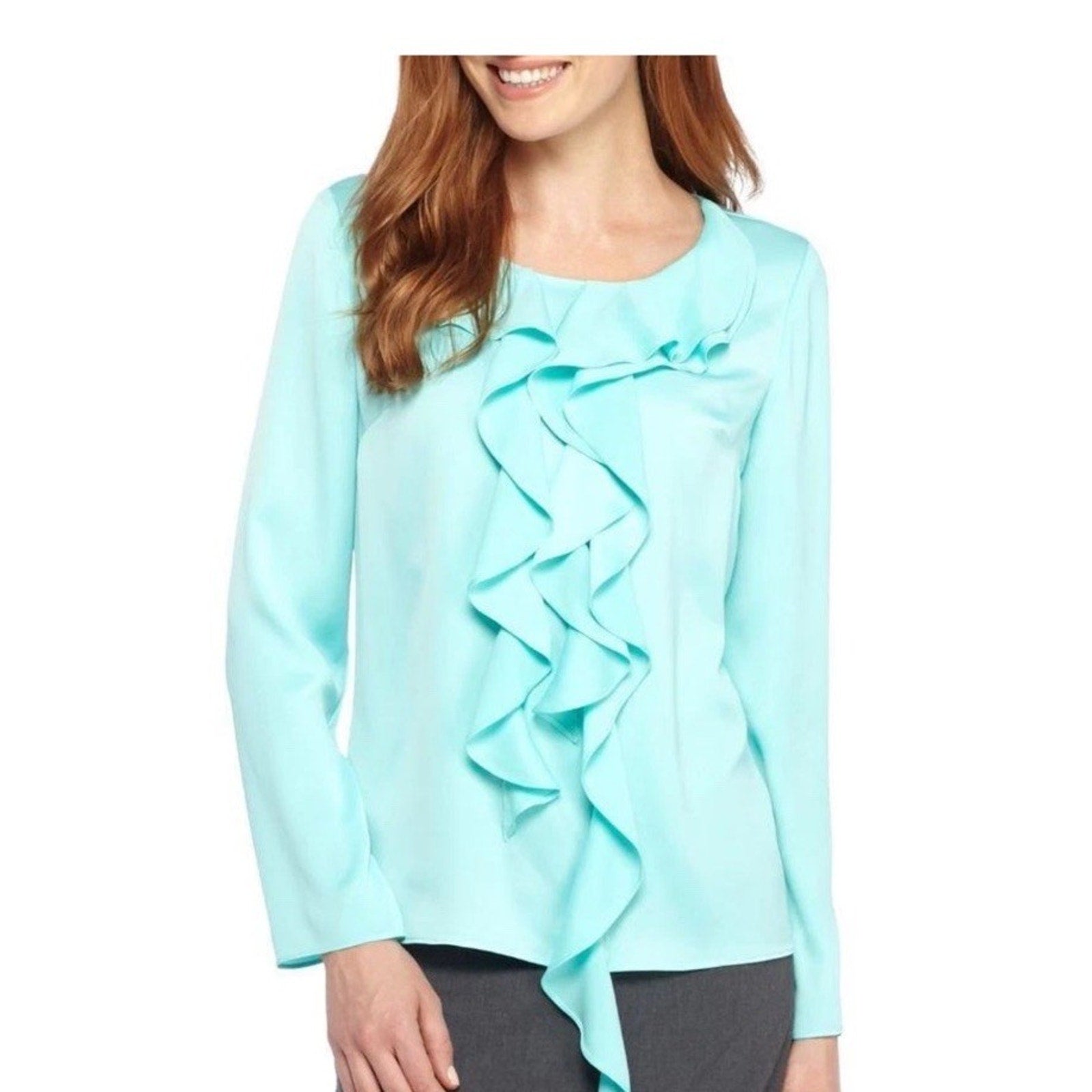 New THE LIMITED Collection Plus 1X Aruba Blue Asymmetric Ruffle Front Blouse