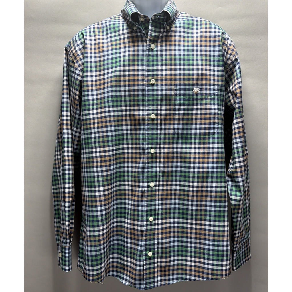 COTTON BROTHERS Men’s L Gingham Wrinkle Free Button Up Shirt Long Sleeve Cotton