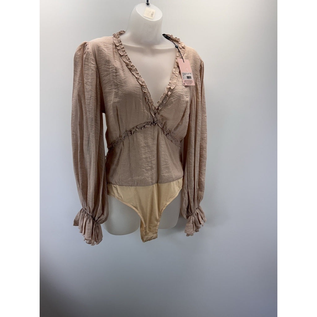 Missguided Boutique Bodysuit Taupe Long Peasant Sleeve Women’s Size 6 NWT