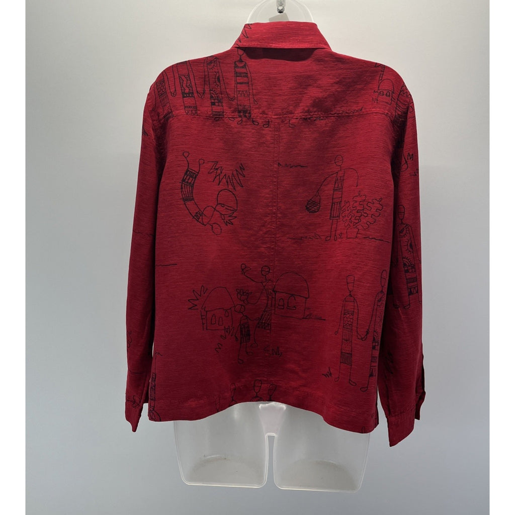 Chico's Design VTG Sz 2 L Red Wearable Art Silk Linen Button-Up Top - Beautiful!