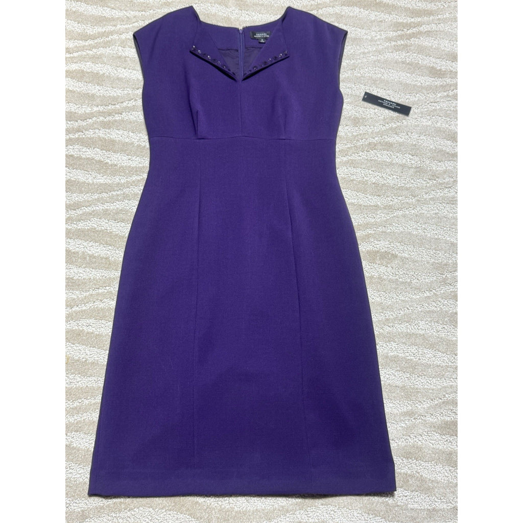 Tahari Arthur S. Levine Purple Sheath Dress Size 6 Embellished Neck Career NWT