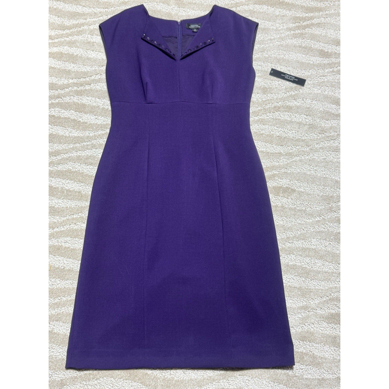 Tahari Arthur S. Levine Purple Sheath Dress Size 6 Embellished Neck Career NWT