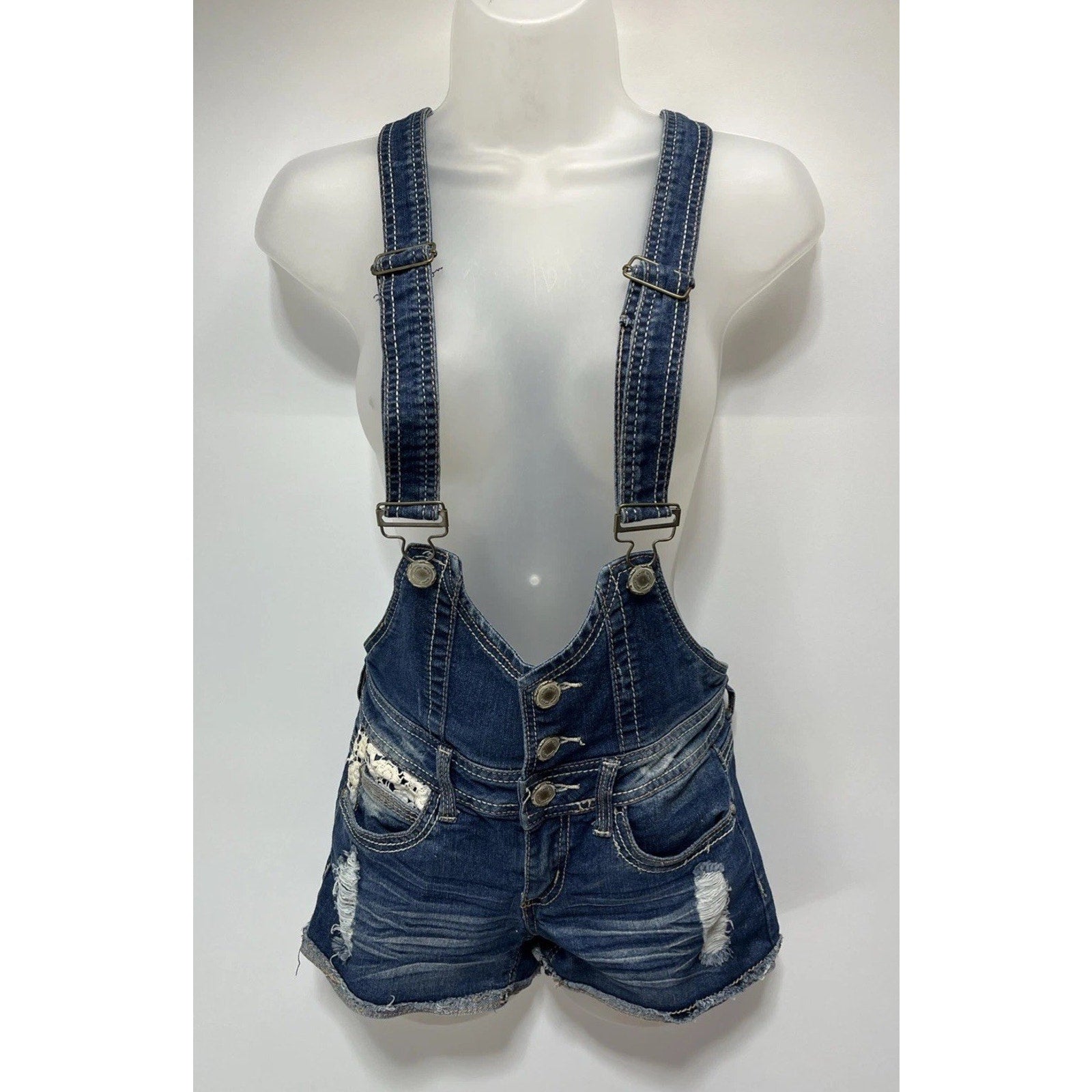 Almost Famous Denim Overall Shorts Shortall Distressed Sz. 1