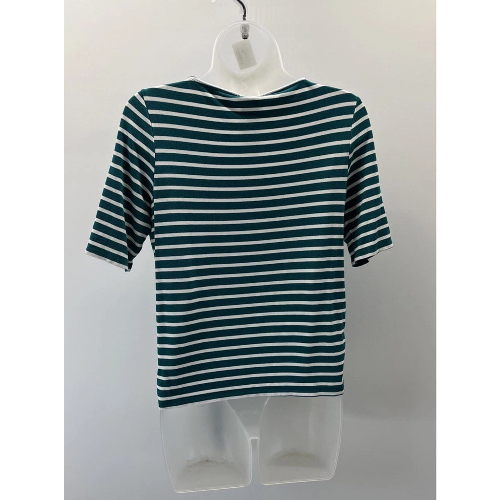 CHICO'S 0 Small Short Sleeve Tie Front Striped Top Green White