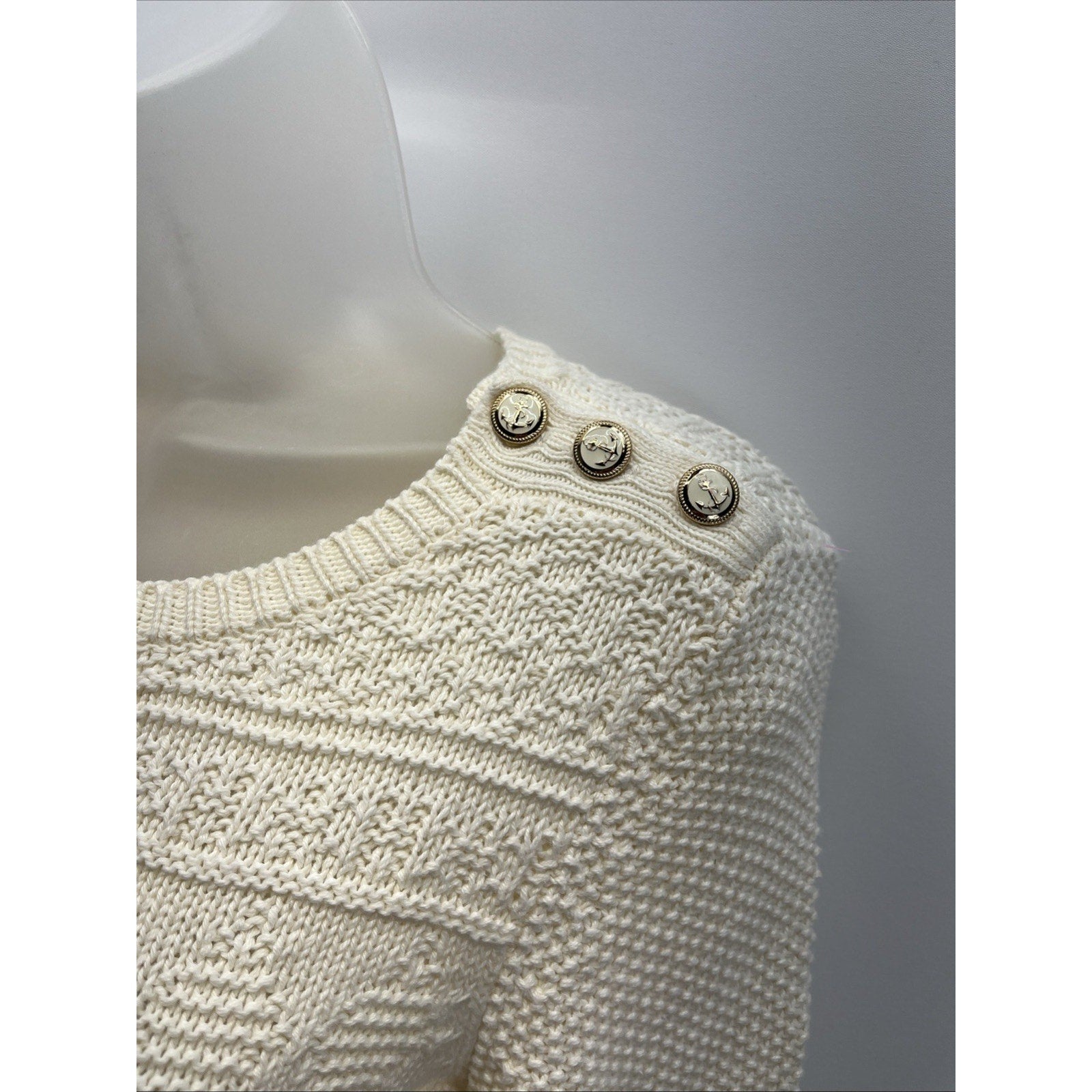 Talbots Womens Cream Textured Nautical Sweater Size XS Anchor Shoulder Buttons