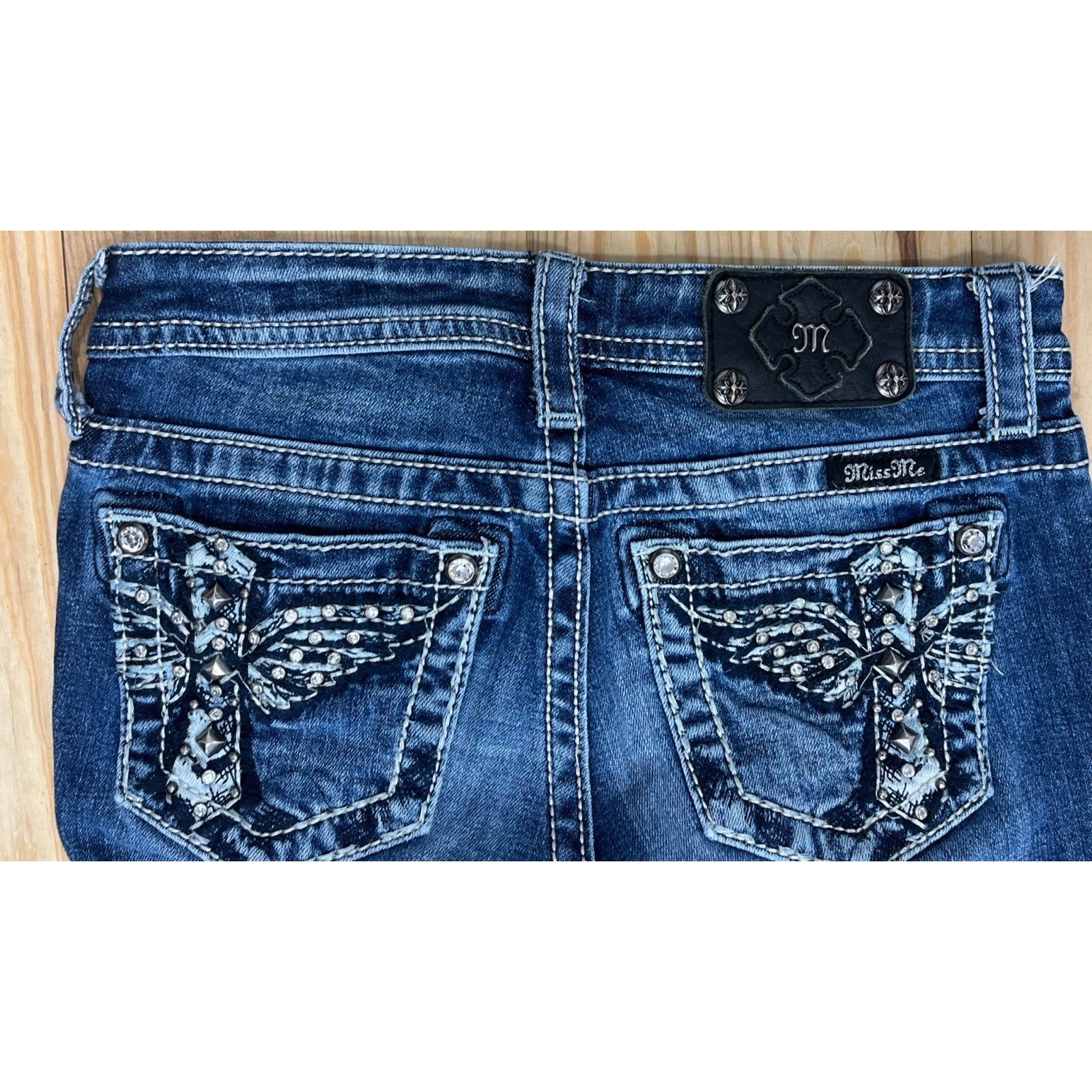 Miss Me Jeans Youth 12 Blue Denim Skinny Rhinestones Studs Dark Wash Women 25x29