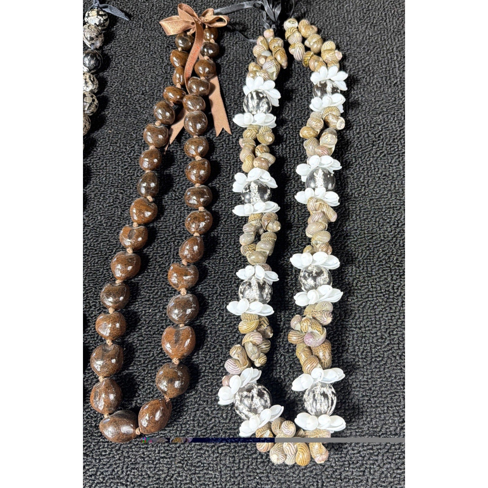 3 Mongo Shell Hawaiian Lei Necklace Accented w/ Kukui Nuts Luau