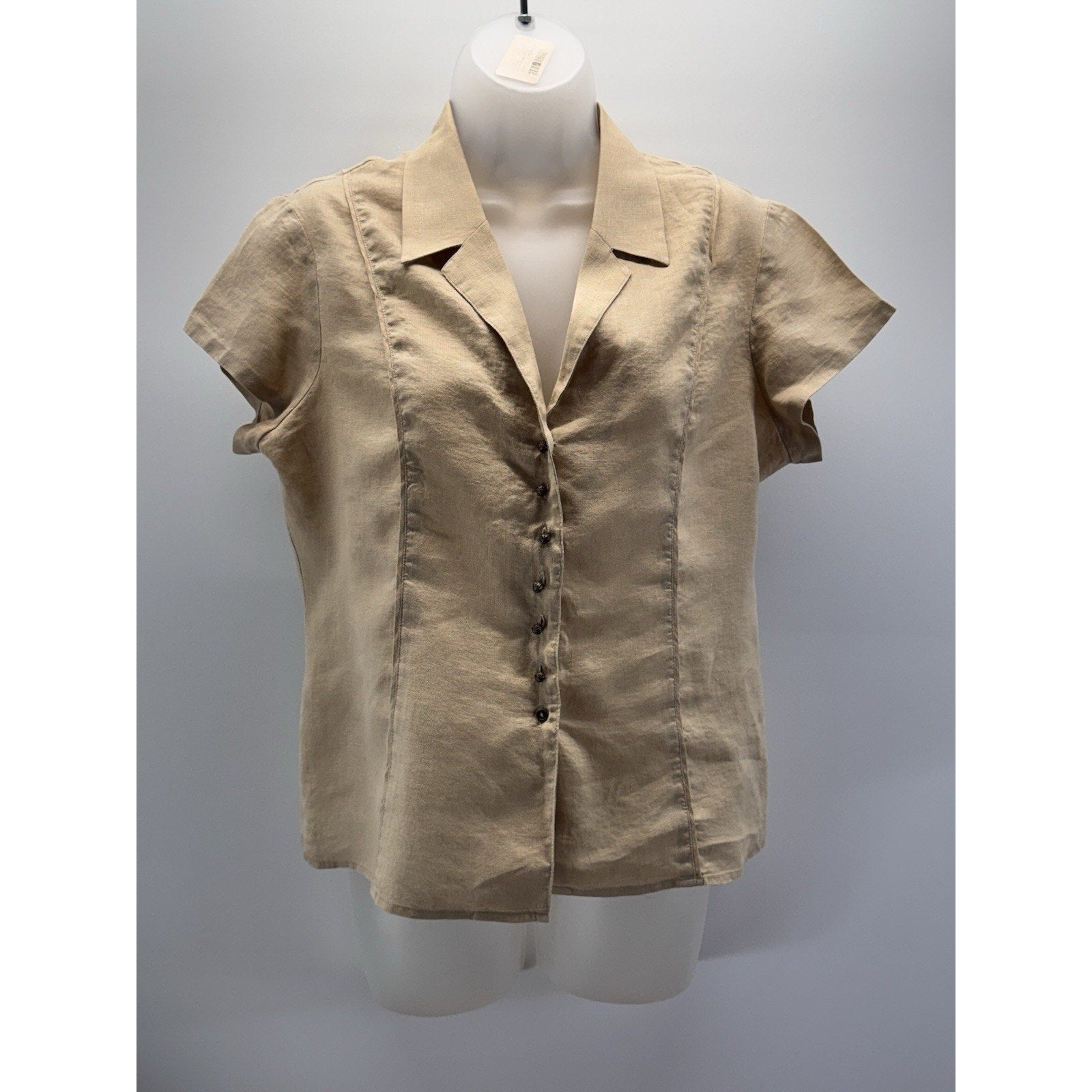 Jones New York Tan Linen Cap Sleeve Button Down Blouse Designer Buttons Size 12