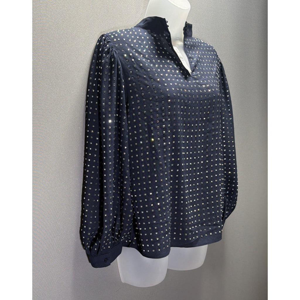 Ann Taylor Blouse Womens Small Blue Long Sleeve Rhinestone Sequin Top Shirt NWT