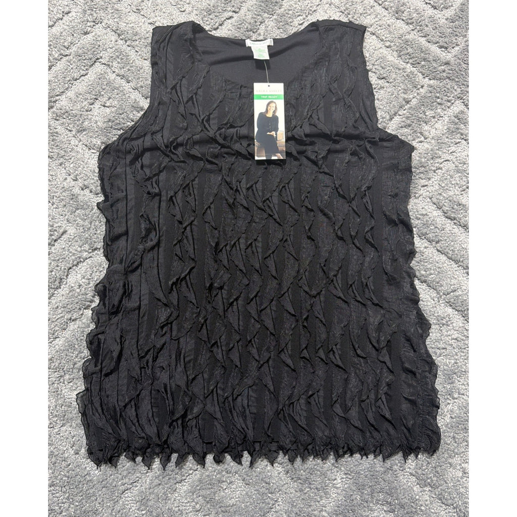 Vintage Laura Ashley Sleeveless Lined Blouse Black Office Ruffles Retro Medium