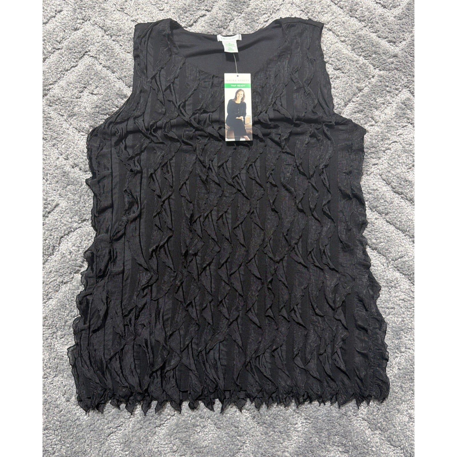 Vintage Laura Ashley Sleeveless Lined Blouse Black Office Ruffles Retro Medium
