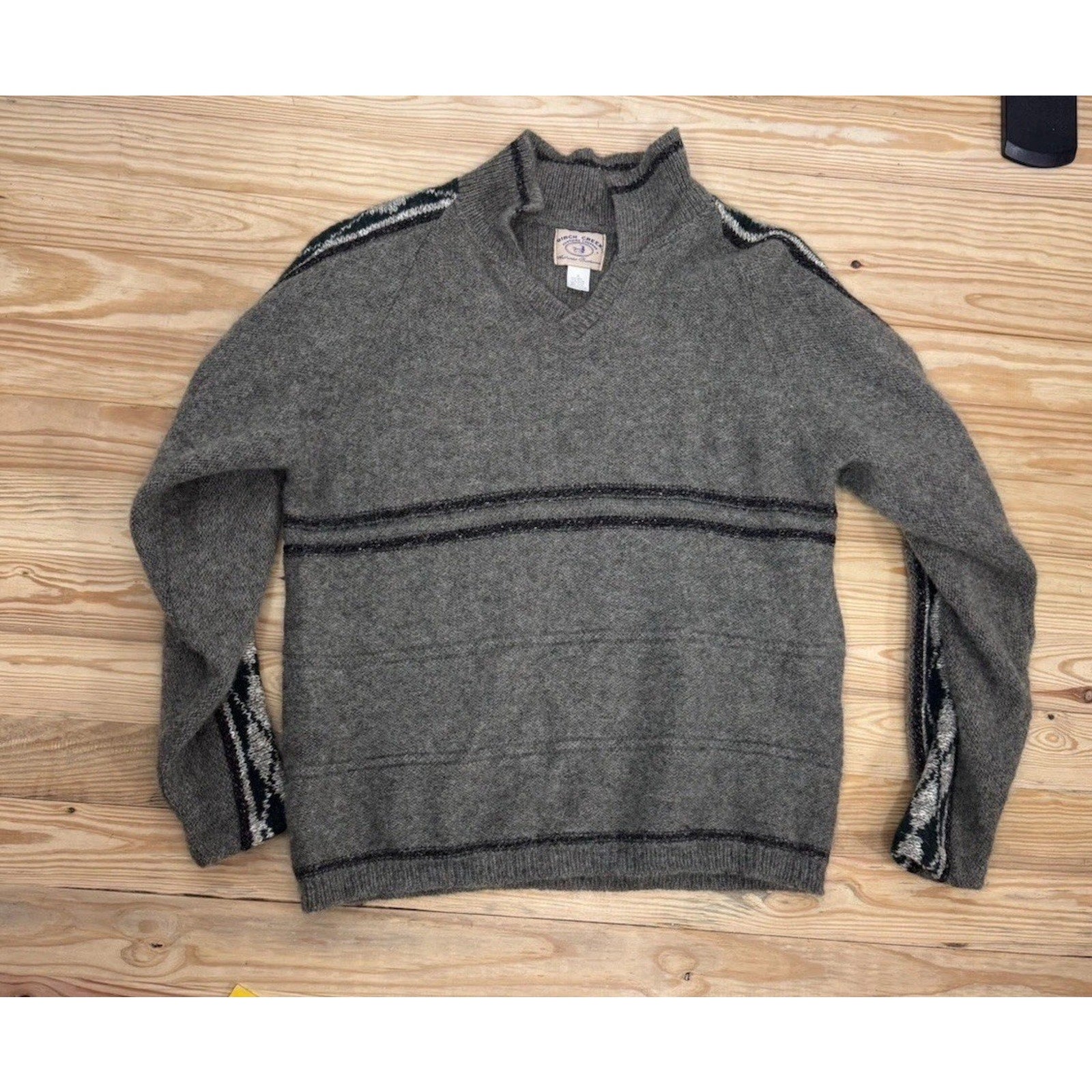 Vintage Birch Creek USA MADE Mens XL Sweater Wool Blend Blue Gray Stripe Collar