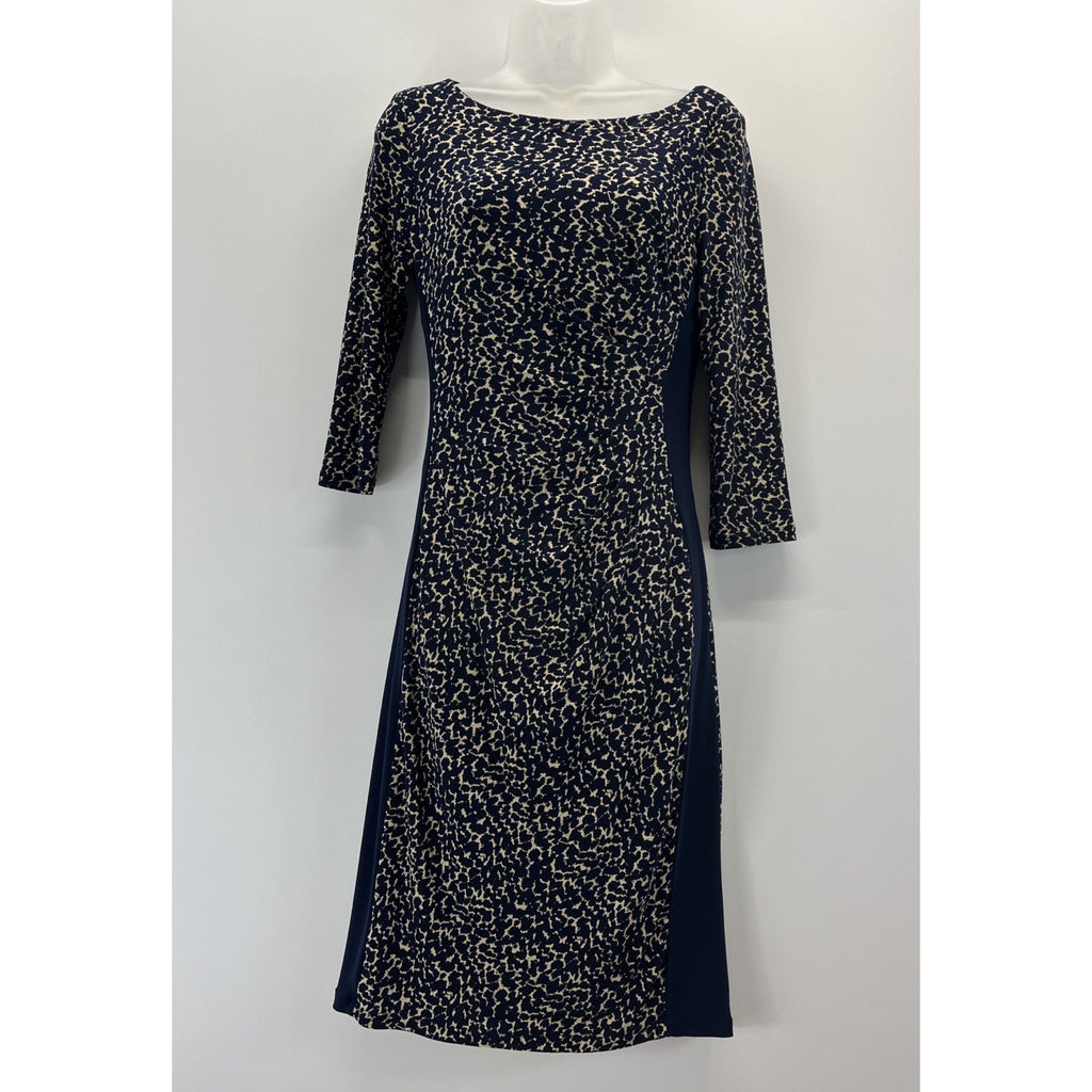RALPH LAUREN Navy Blue Lined Ecru Dress Sz 2 Slimming Side Panels Ruched Detail