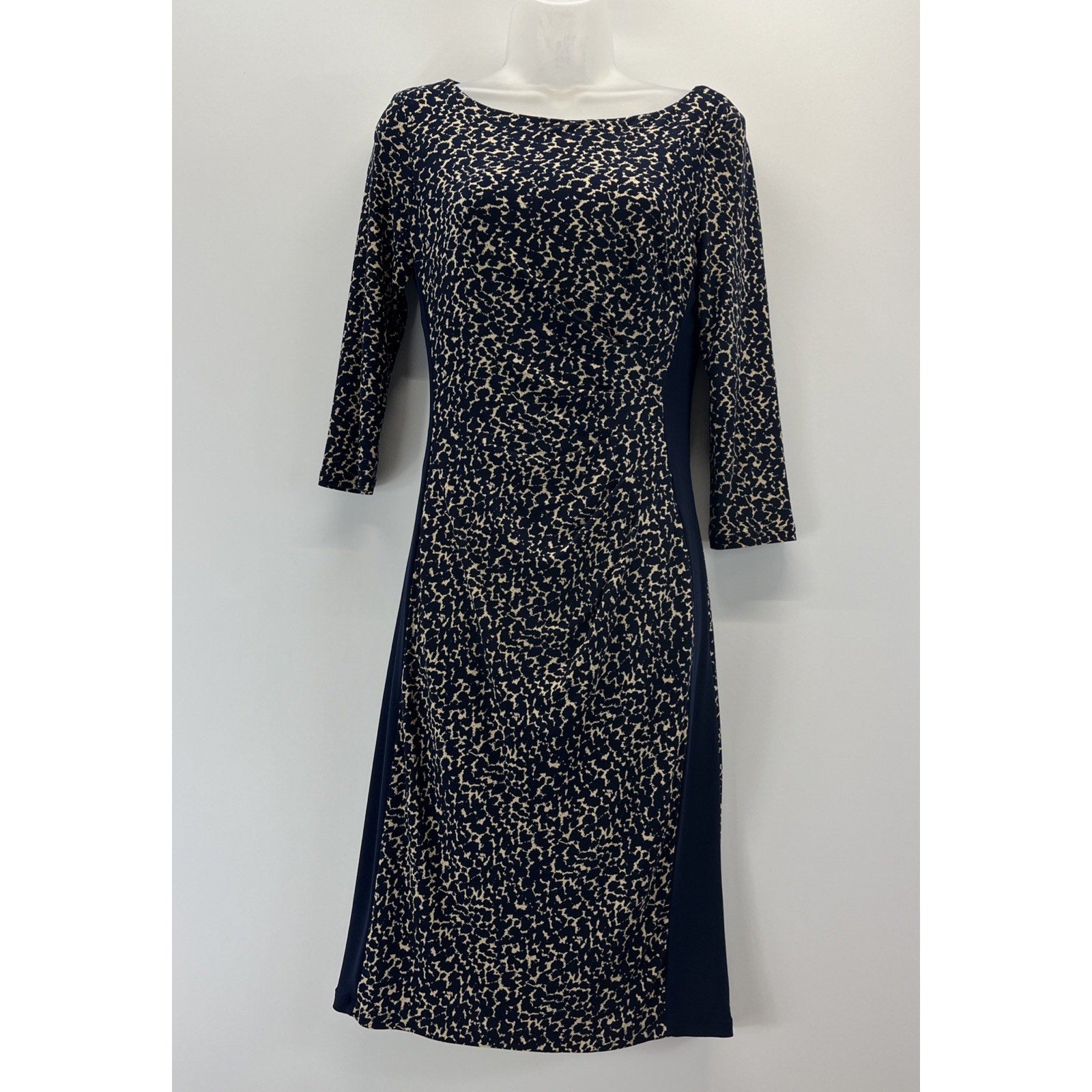 RALPH LAUREN Navy Blue Lined Ecru Dress Sz 2 Slimming Side Panels Ruched Detail