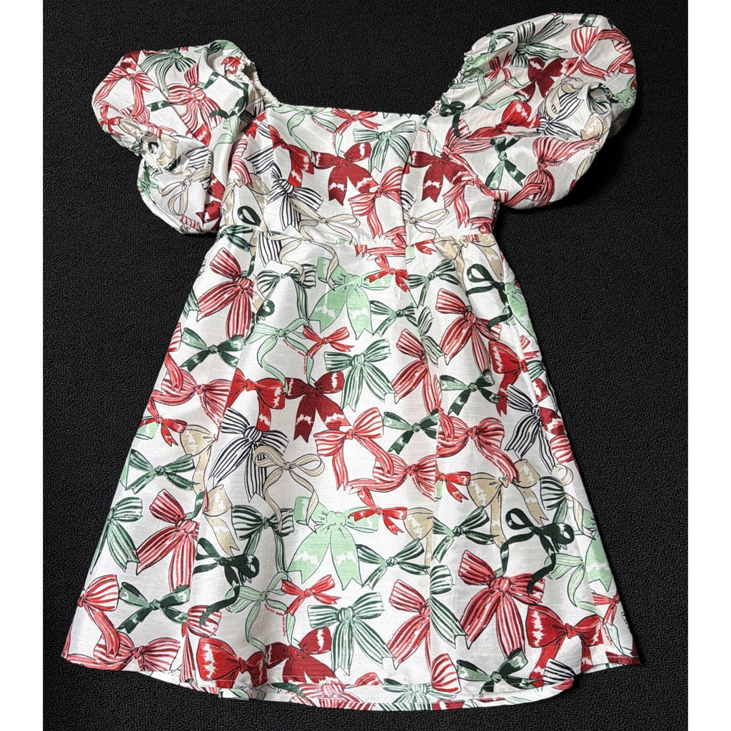 Crown & Ivy Sewing Down South Sew Merry Bow Print Puff Sleeve Mini Dress M
