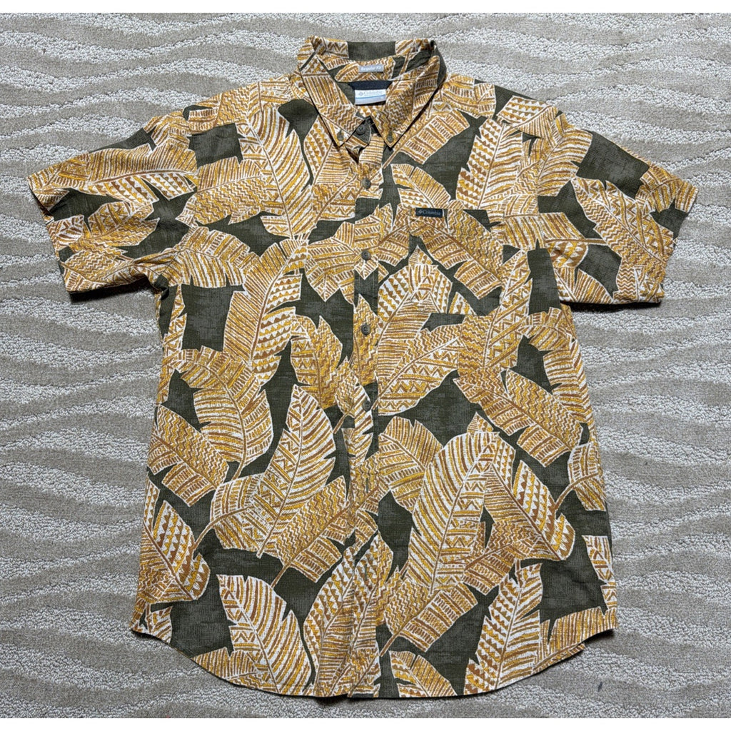 Men's Columbia Hawaiian Tropical Leaf Shirt M Button Up Shirt Sleeves Collared