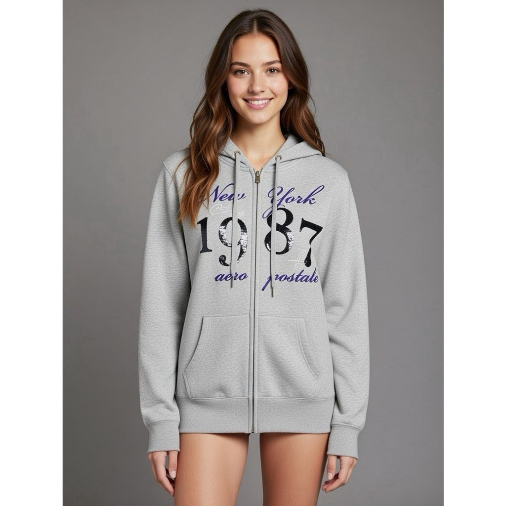 AEROPOSTALE GRAY ZIPPERED FRONT FLEECE HOODIE EMBROIDERED & EMBELLISHED LARGE
