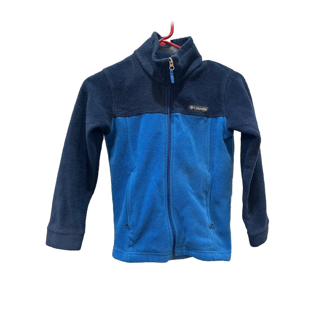 Columbia Full Zip Fleece Jacket Youth Size Small Blue Black Zip Pockets EUC