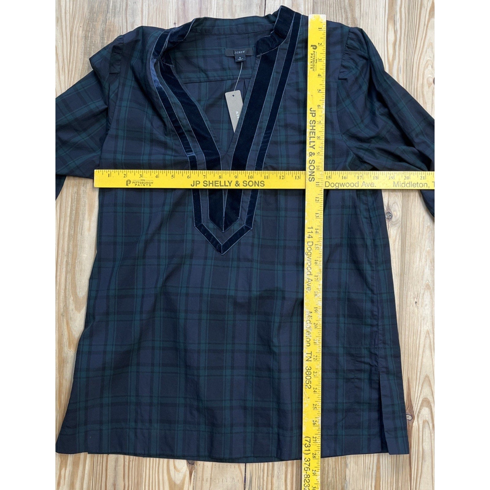 NWT! J.Crew Black Watch Plaid Tunic with Navy Velvet Piping-Size