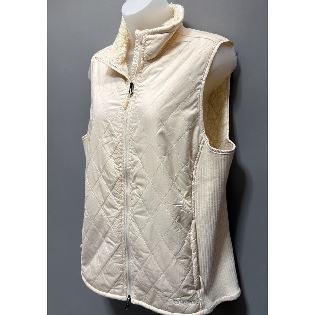 L.L. Bean Cream Quilted Sherpa Lined Full Zip Sleeveless Vest Womens Large